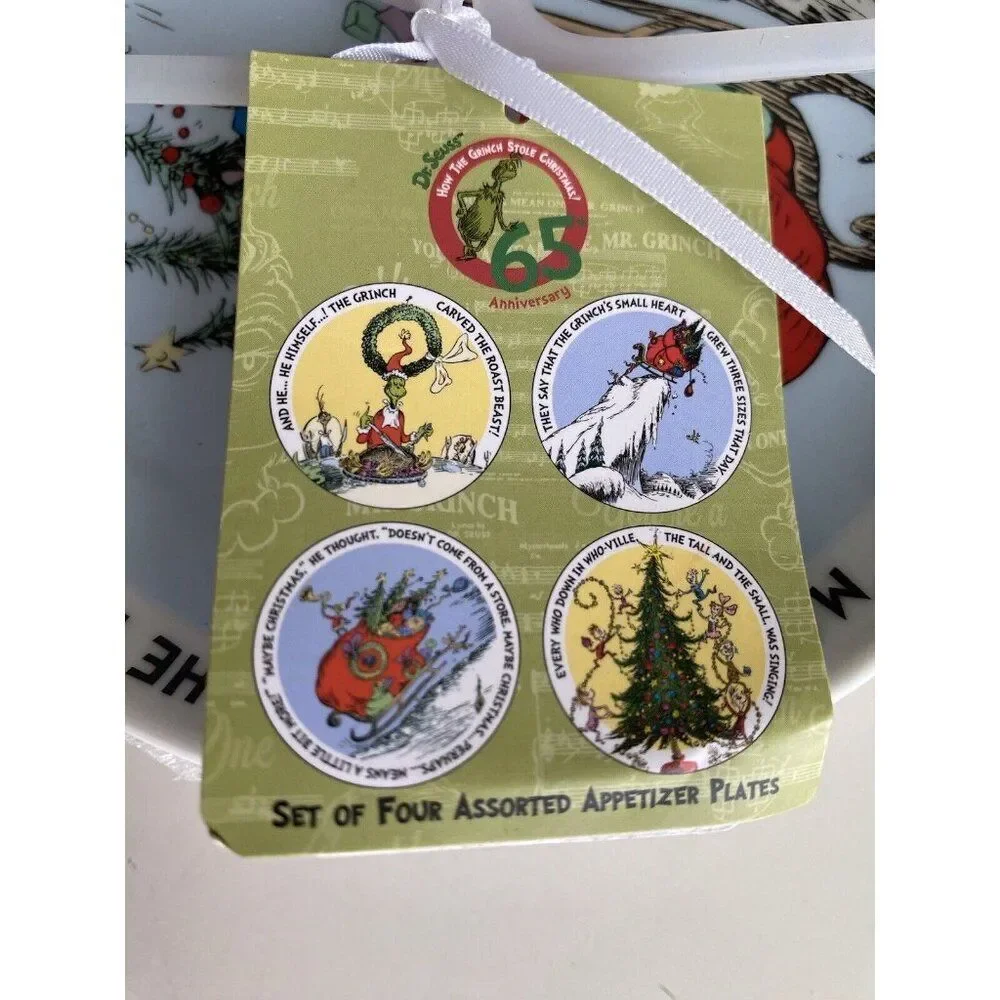 Dr Seuss The Grinch 65th Anniversary Set 4 Christmas Appetizer Plates Holiday 6”